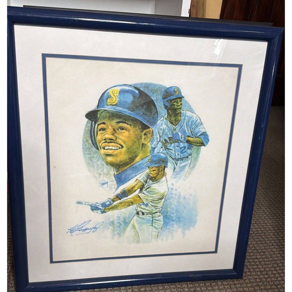 Griffey Jr Autographed Litho On Felt Signed By Artist. With Cert. Framed 22x24